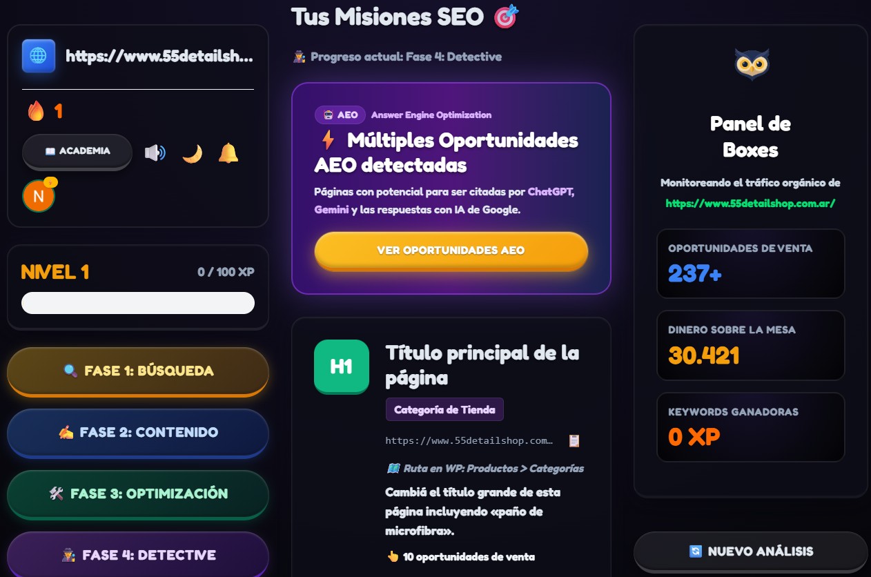 Panel de SEO Jump con misiones, oportunidades AEO y sugerencias con IA